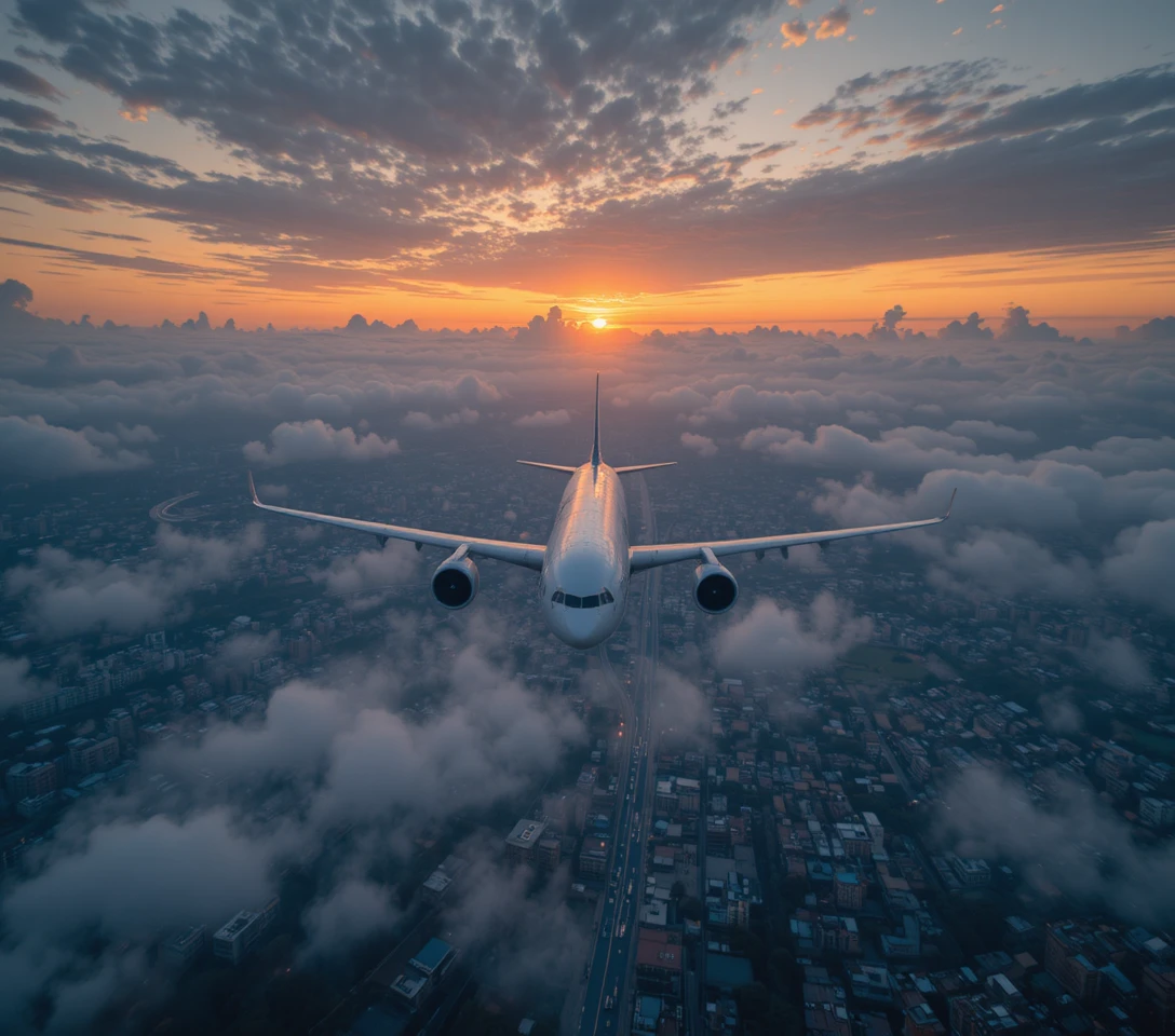 Aereo di linea sopra la città di Lahore in un cielo di tramonto drammatico