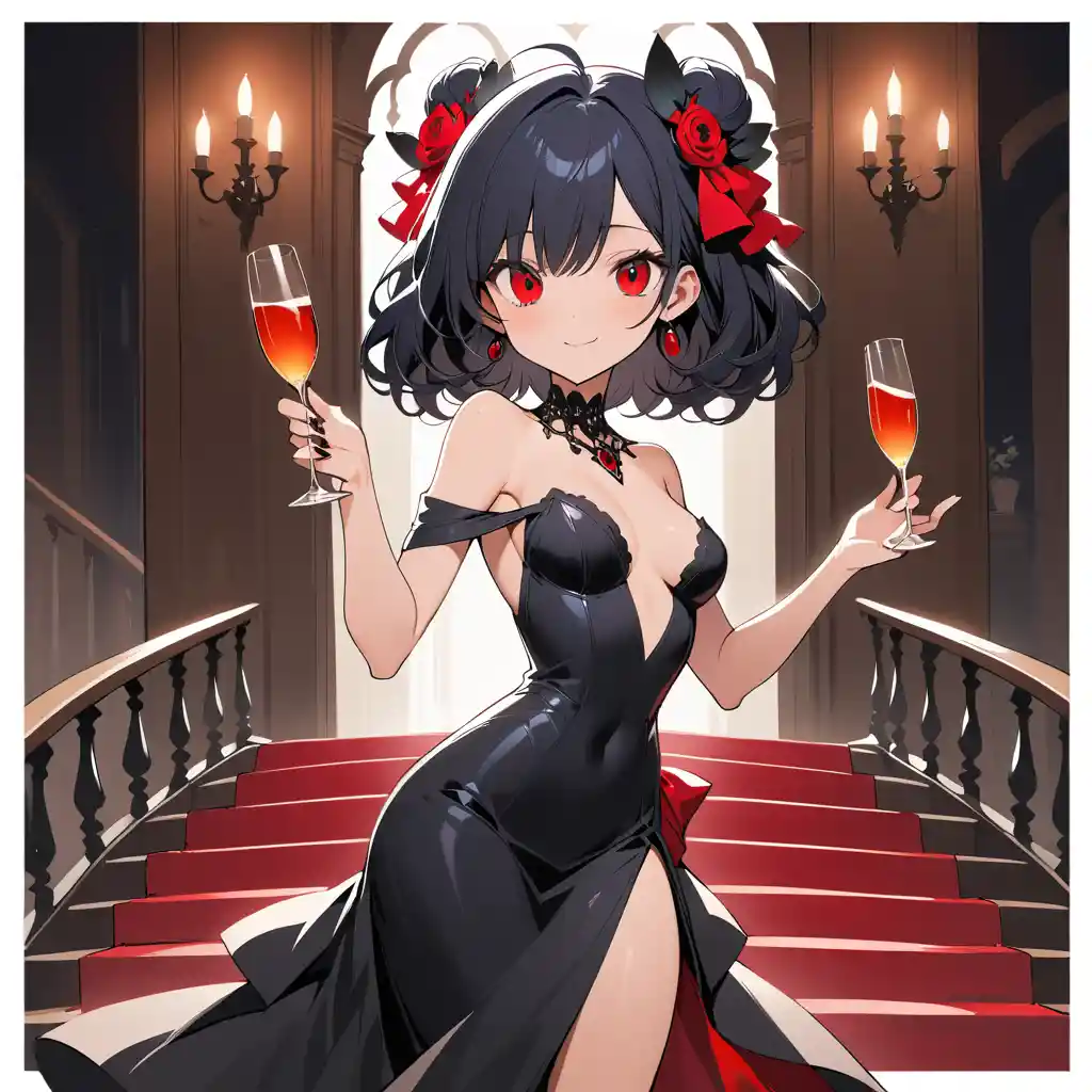 Elegant woman in black evening dress sipping champagne