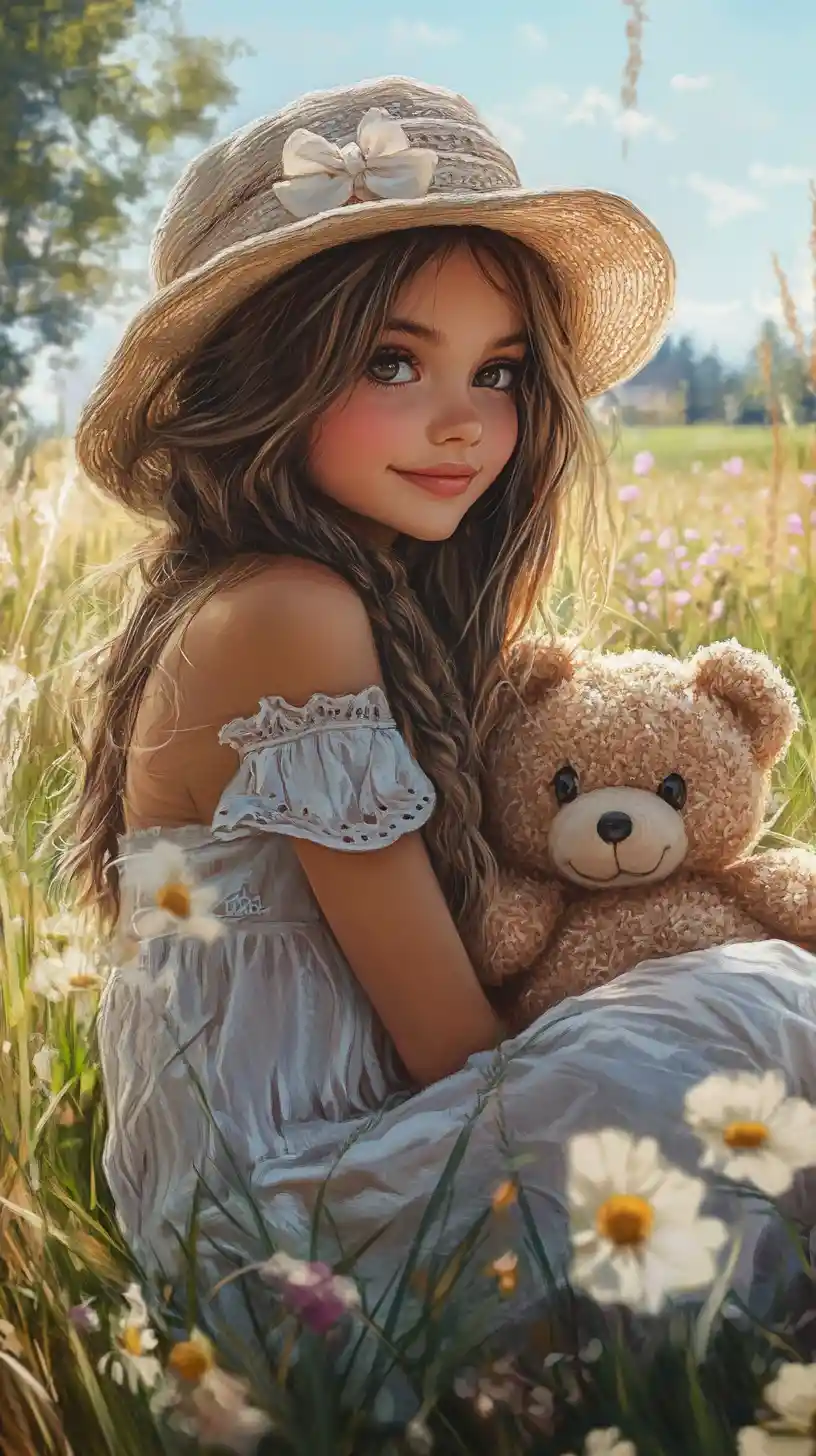 Cute girl with teddy bear sitting in a sunny meadow
