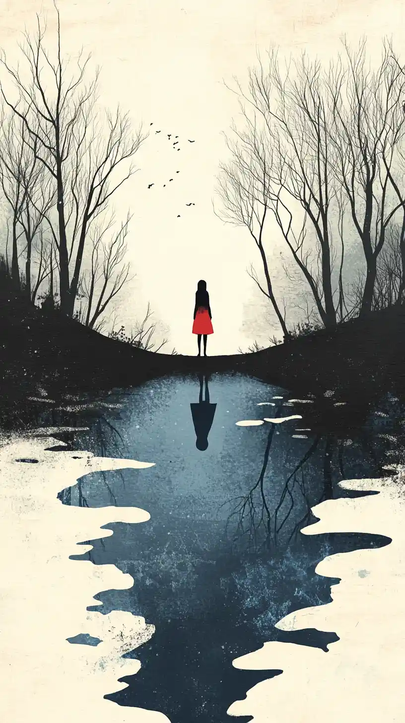 Woman watching her altered reflection in a quiet river