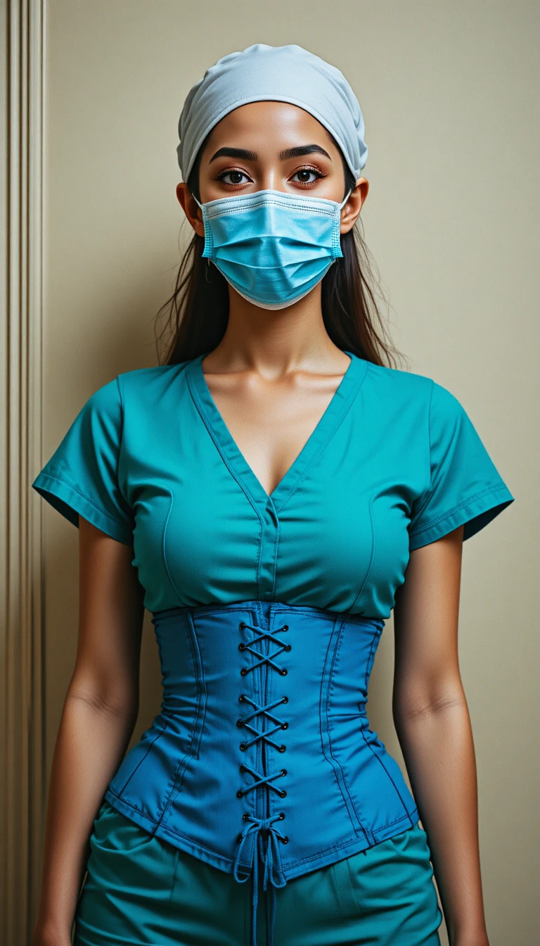 Junge Frau in türkisfarbener Arbeitskleidung und Korsett mit Maske