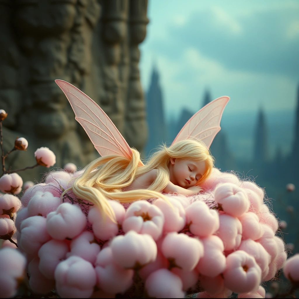 Sleeping fairy on a cotton candy nest in surreal landscape