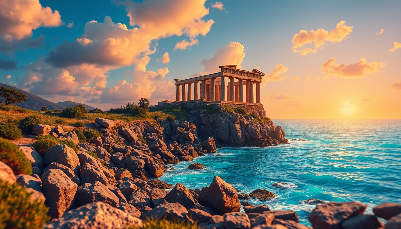 Ancient cliffside temple above a tranquil turquoise sea