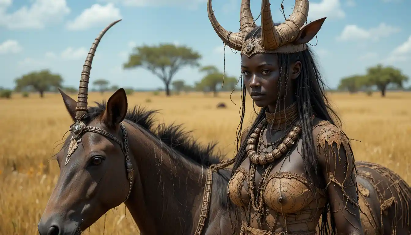 Guerriera africana e combattente zulu nella savana aperta