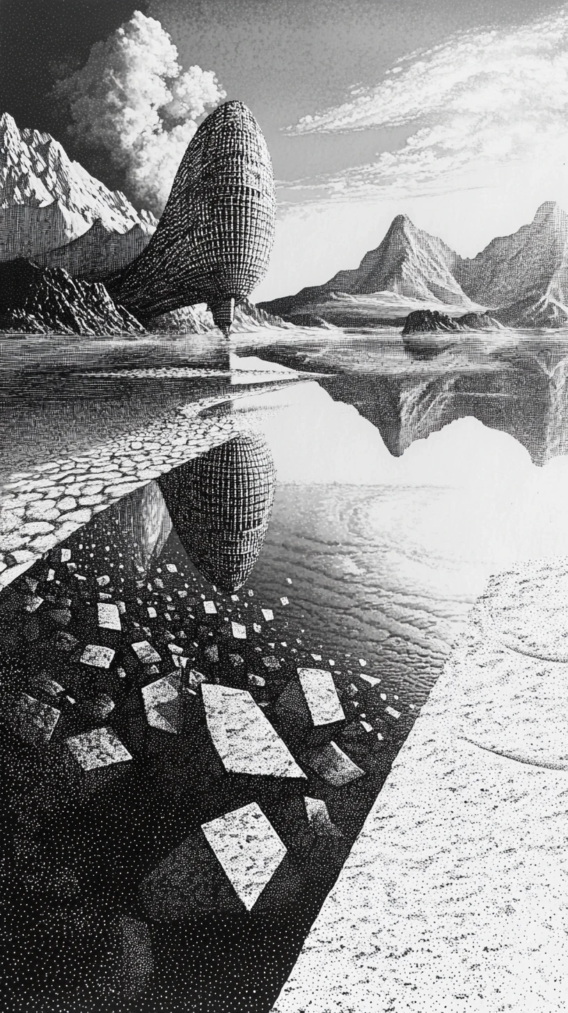 Surreal pointillist airship over a tranquil mountain lake