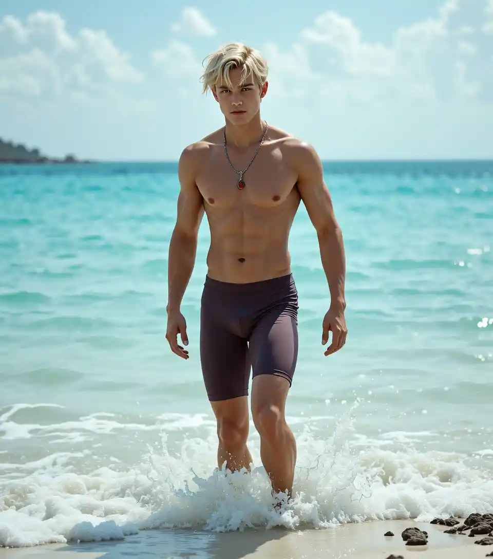 Young blond man stepping from turquoise water onto tropical shore