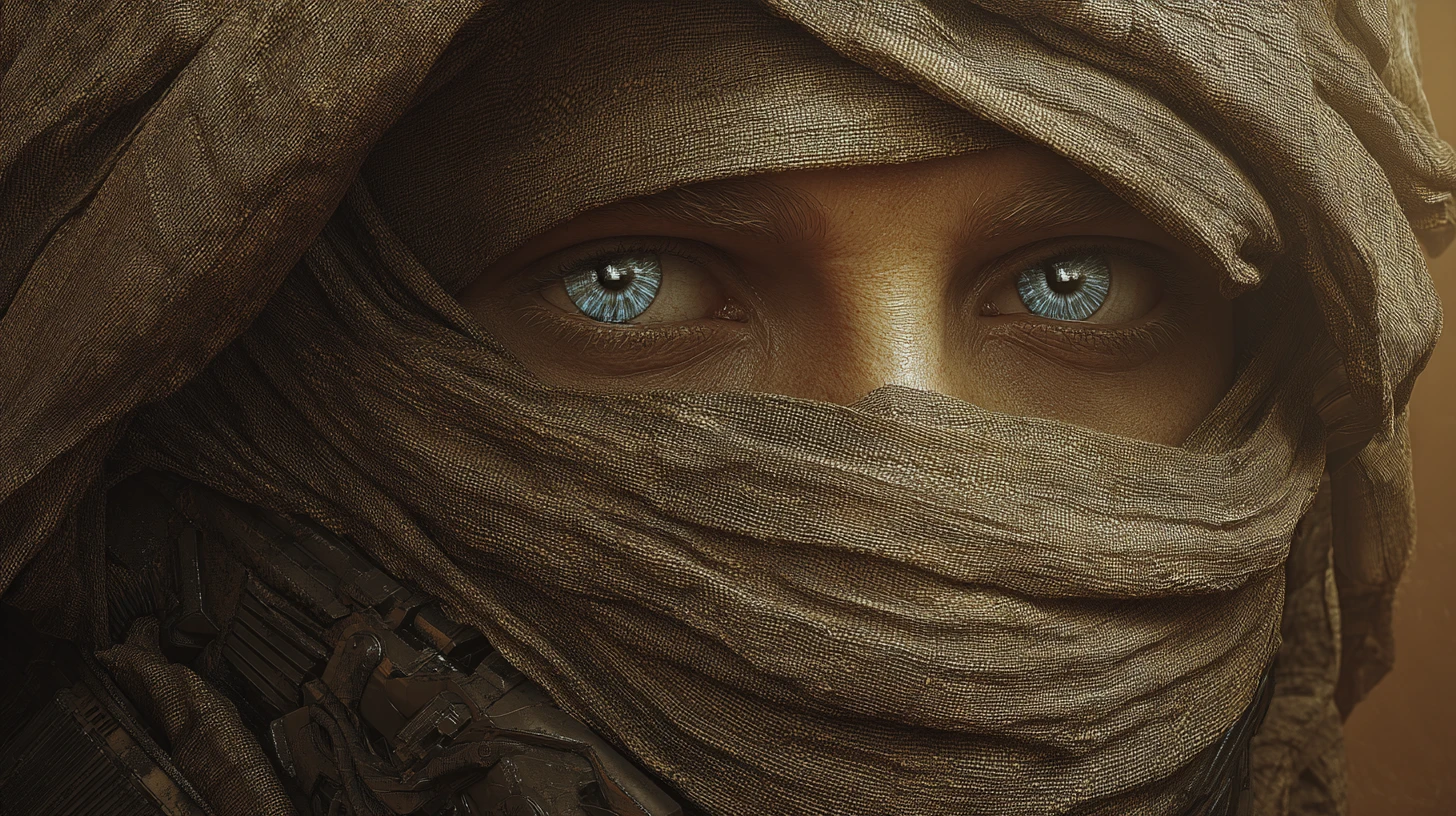 Fremen warrior on vast desert dunes under burning sun