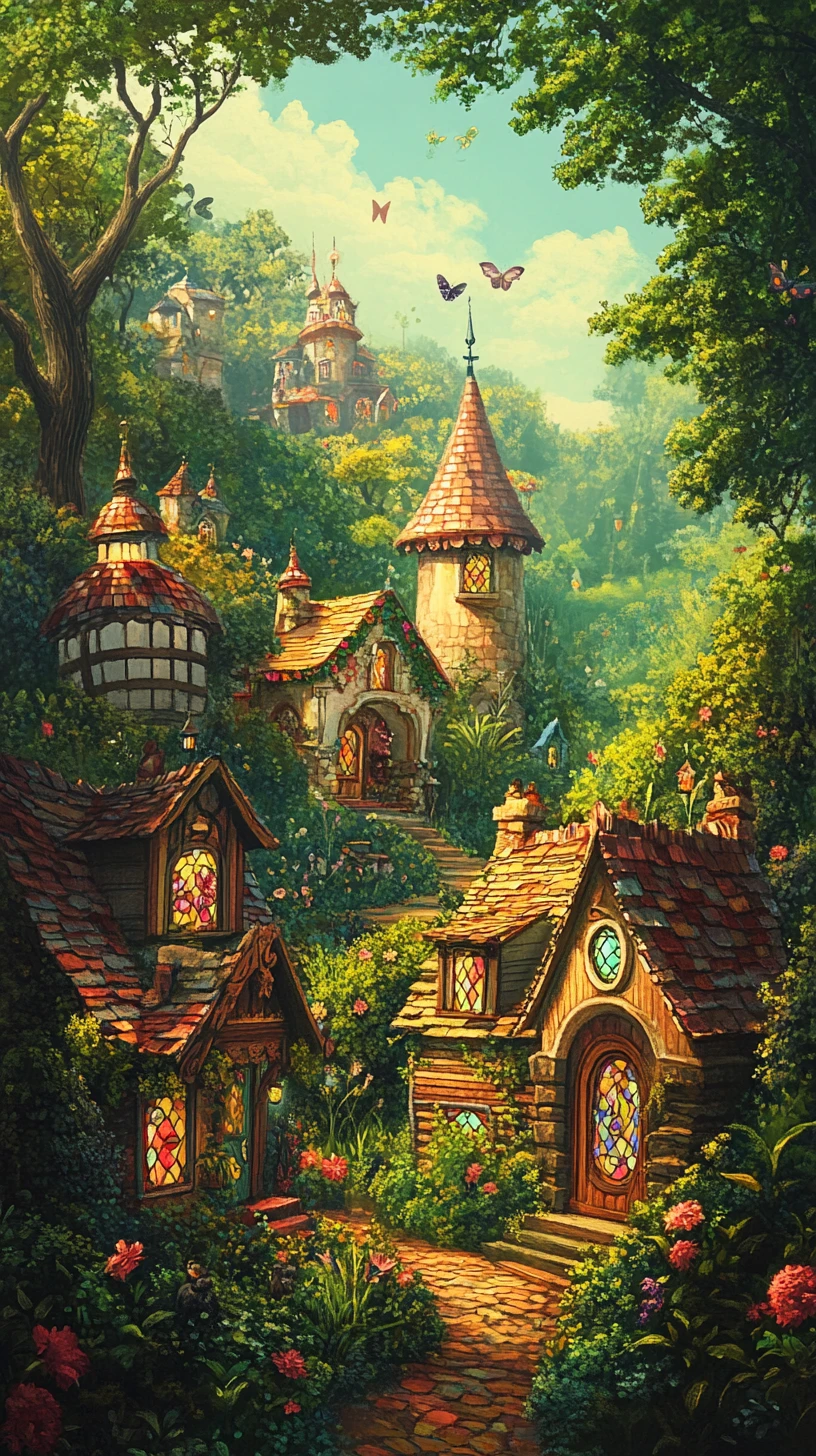 Whimsical fairytale village of curving houses and flowers