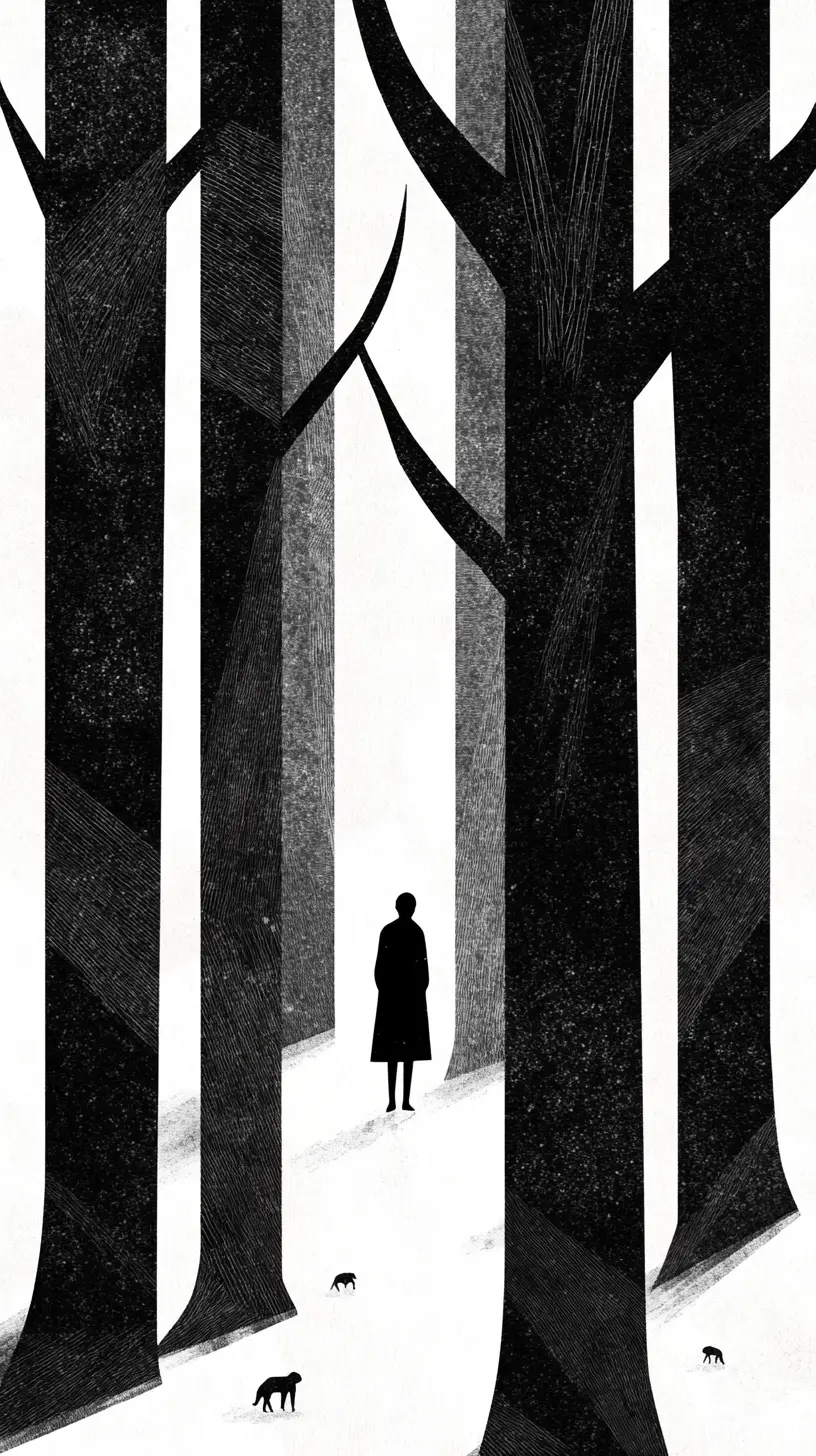 Figura solitaria in silhouette in una scena forestale minimalista