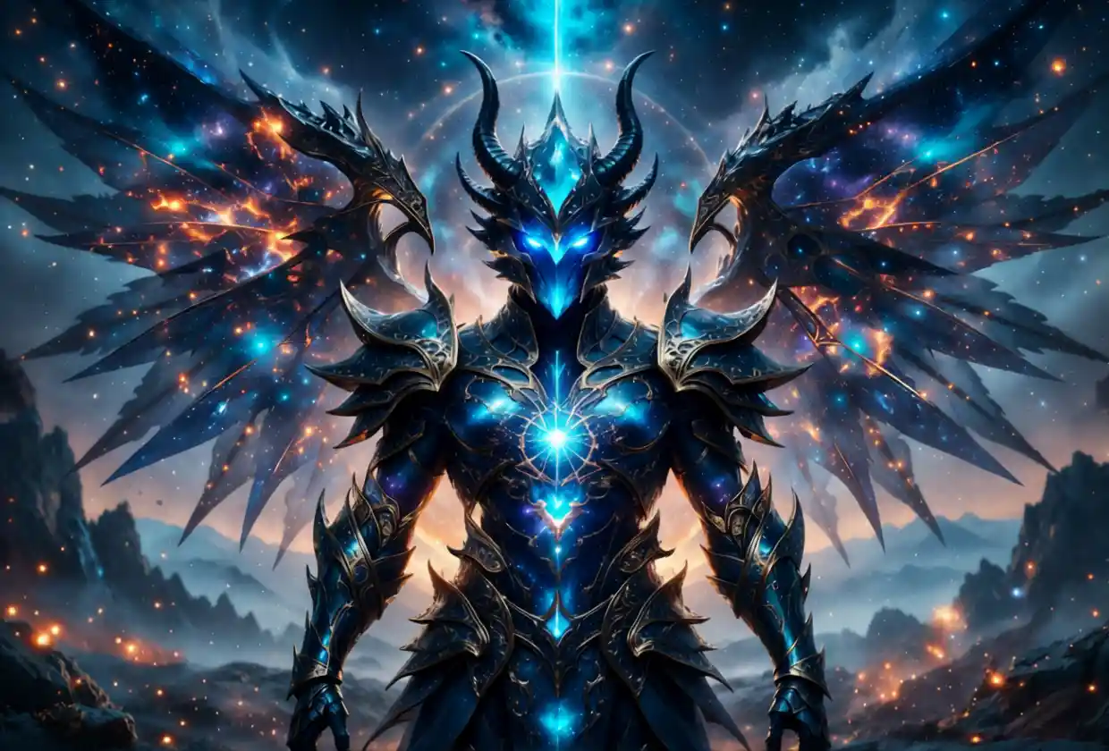 Celestial horned warrior with radiant star core and galaxy wings