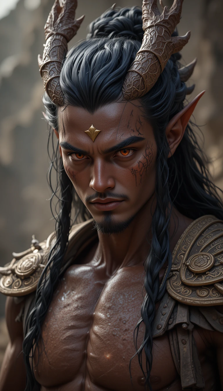 Fantasy dragon man with dark skin and red eyes