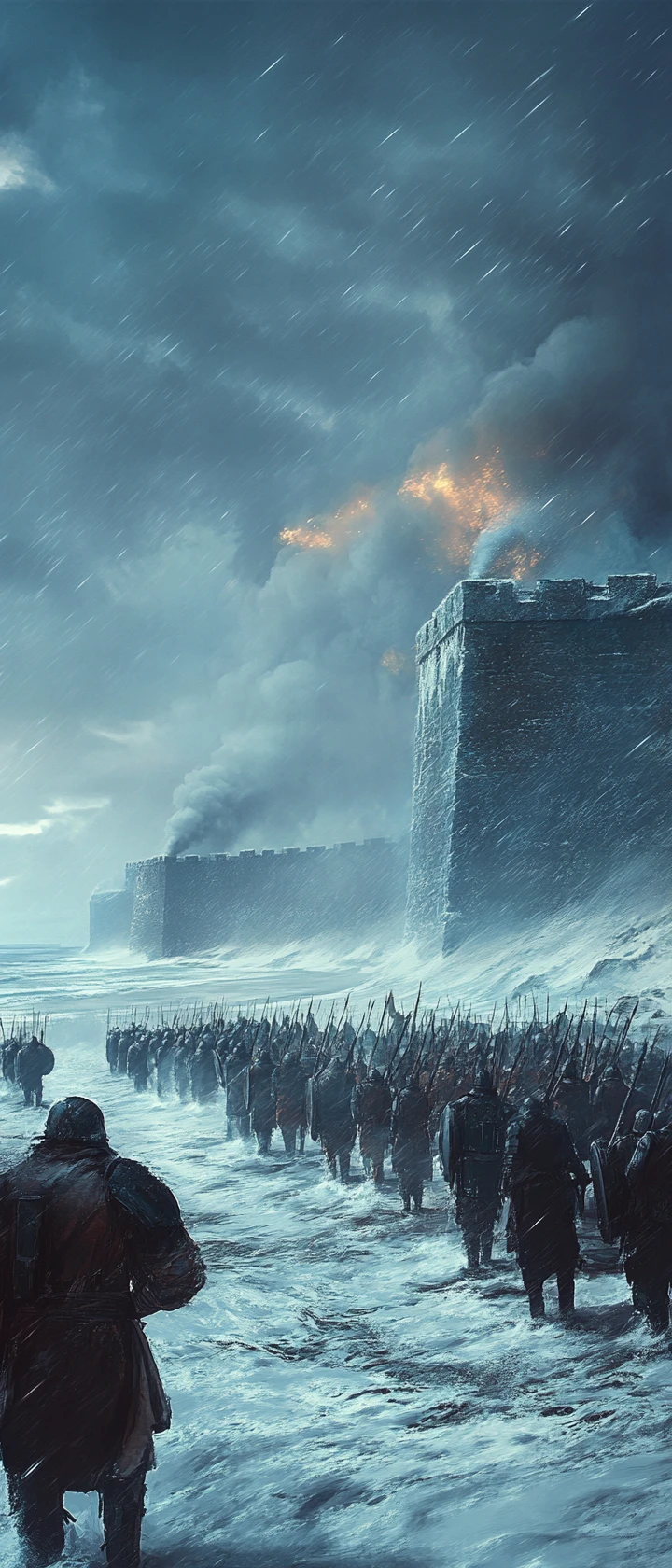 Armored army marching across a frozen storm swept battlefield
