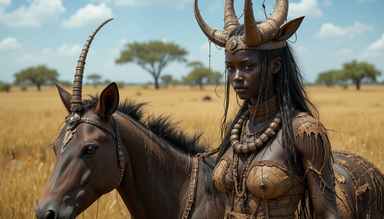 African warrior woman and Zulu fighter in open savanna