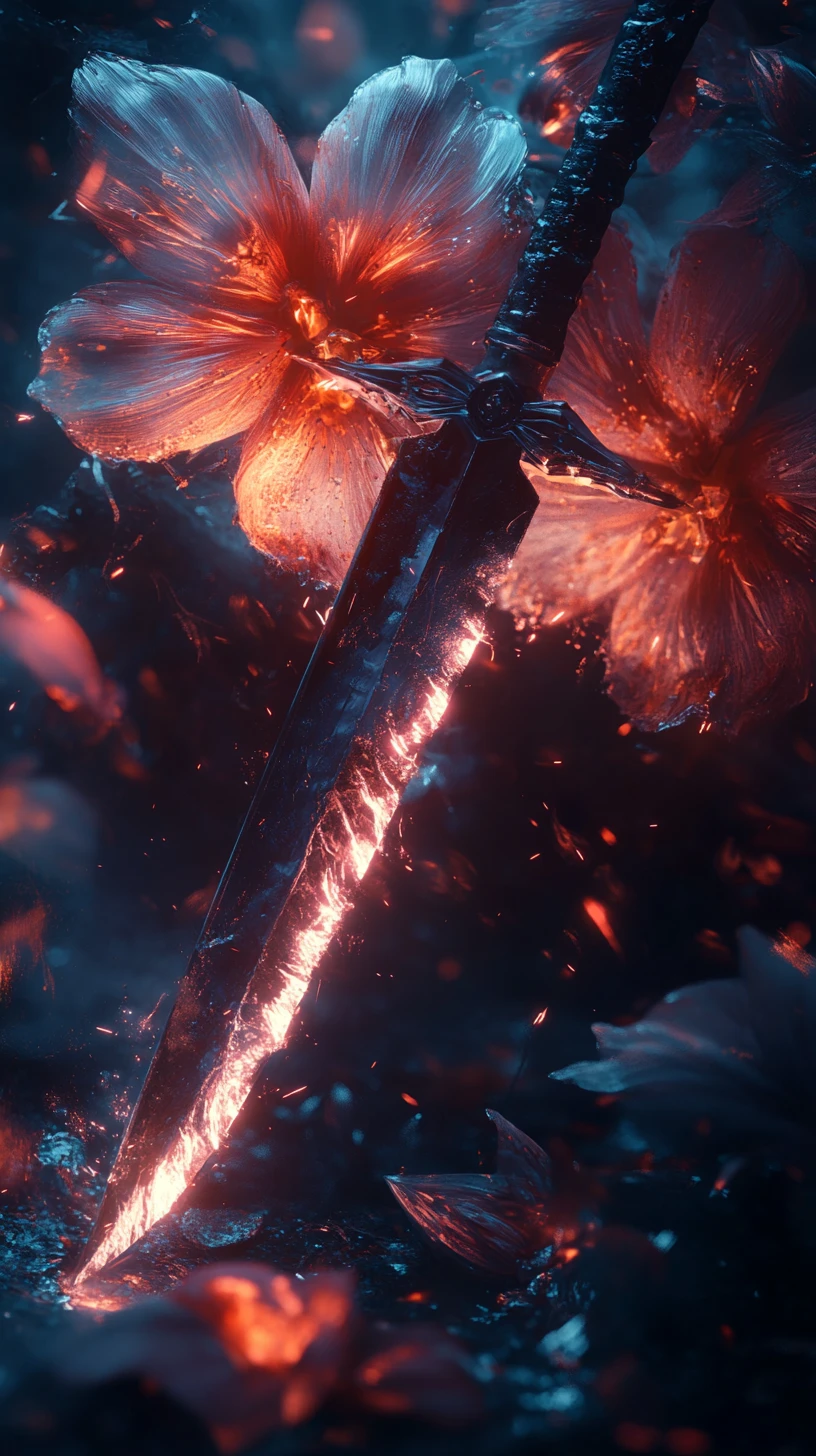 Sharp Blade Slicing Through A Glowing Blooming Flower