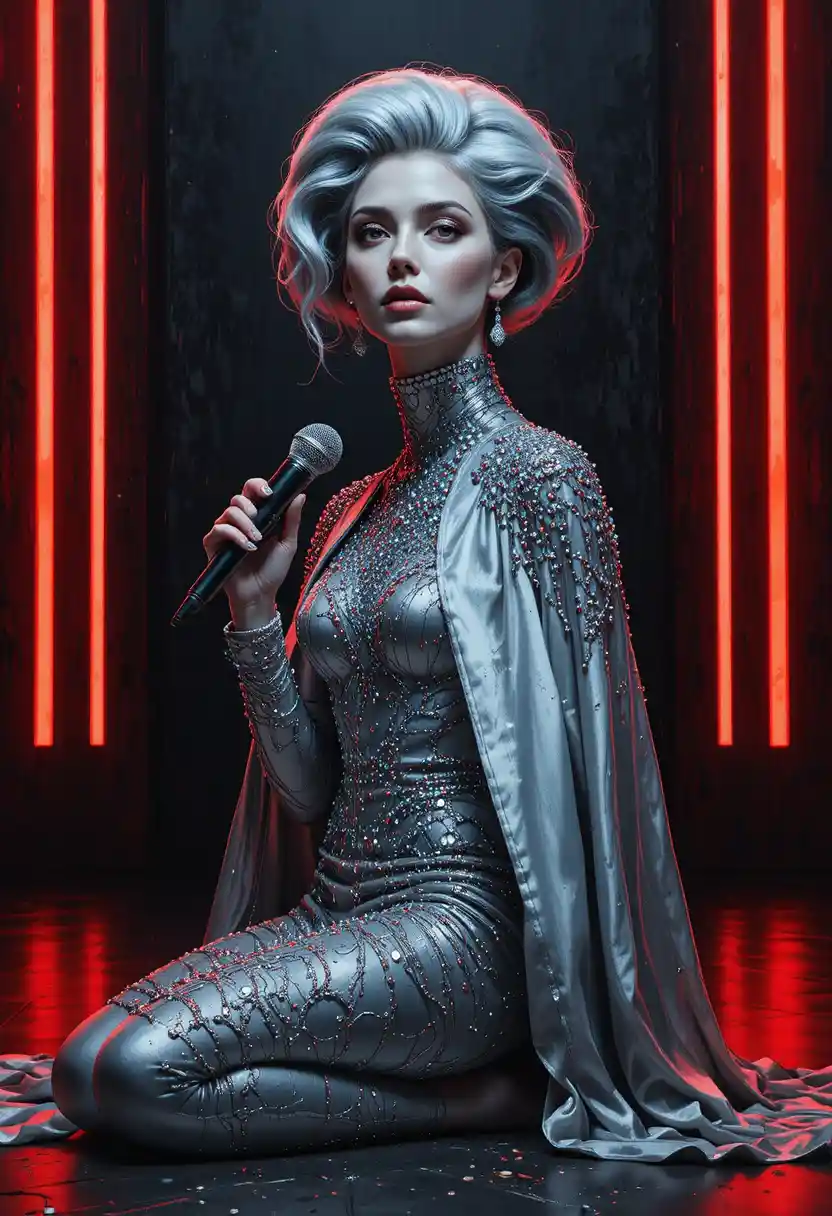 Silver cloaked performer on stage under dramatic red lights
