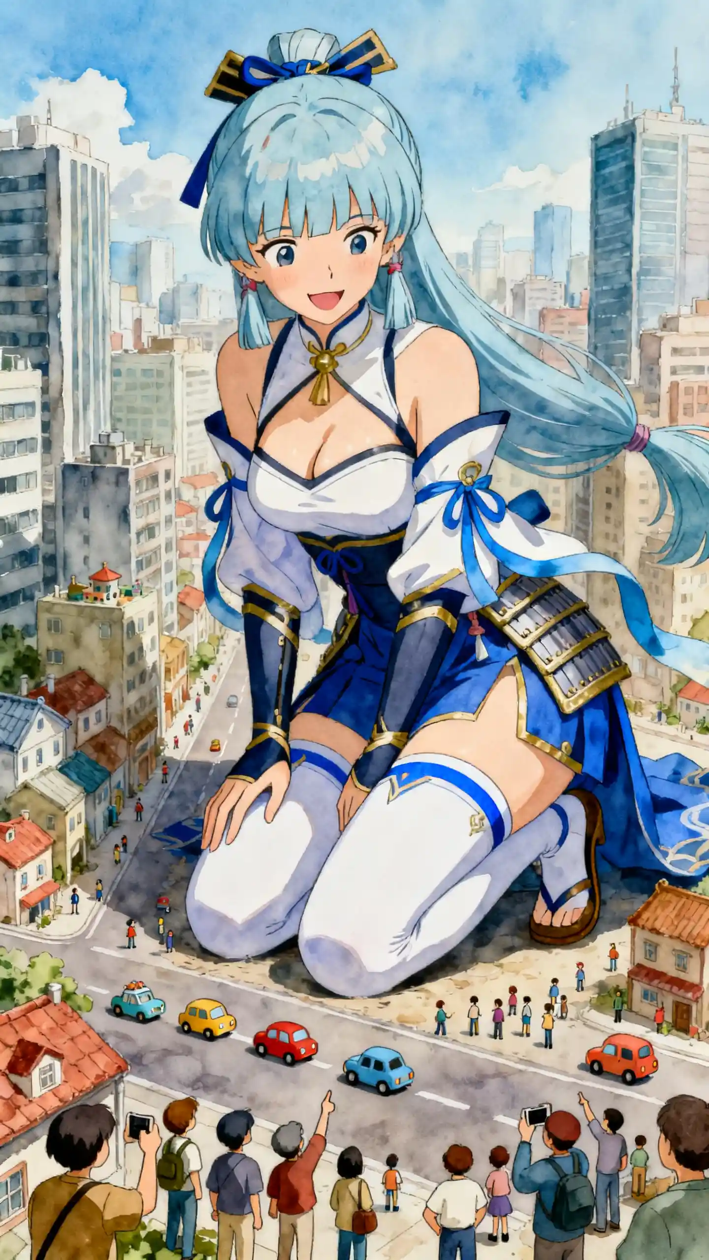 Verspieltes Anime-Riesenmädchen kniet über einer modernen Stadt