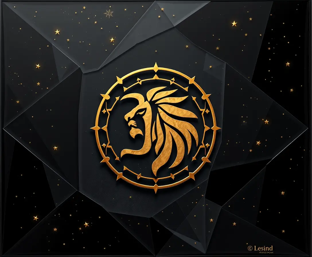 Emblema dorato del segno Leone su cielo notturno geometrico astratto