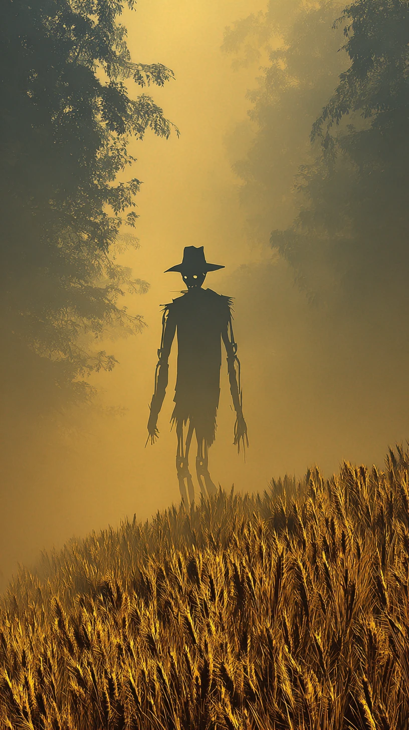 Silhouetted scarecrow by a mystical wheat field at twilight