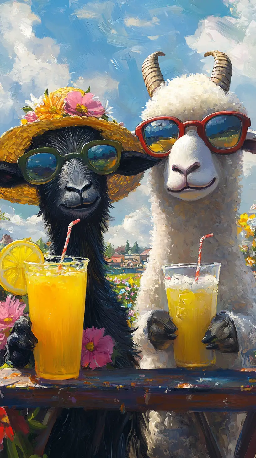 Anthropomorphic Goat And Sheep At A Sunny Lemonade Stand