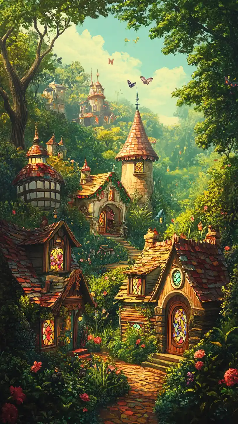 Whimsical fairytale village of curving houses and flowers