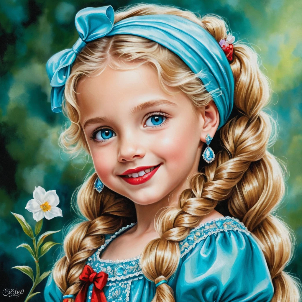 Smiling blonde girl in a sparkling cyan dress portrait