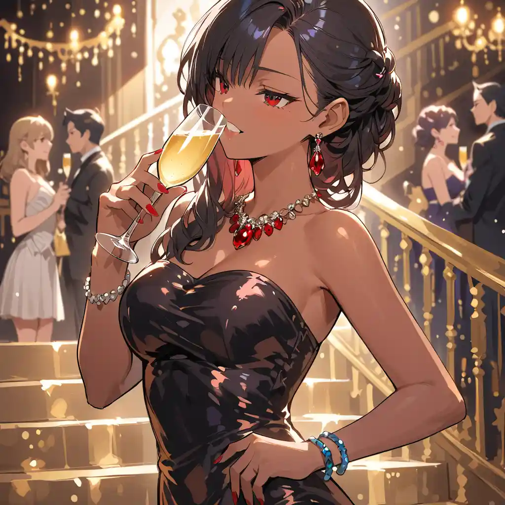 Elegant woman in black evening dress with champagne
