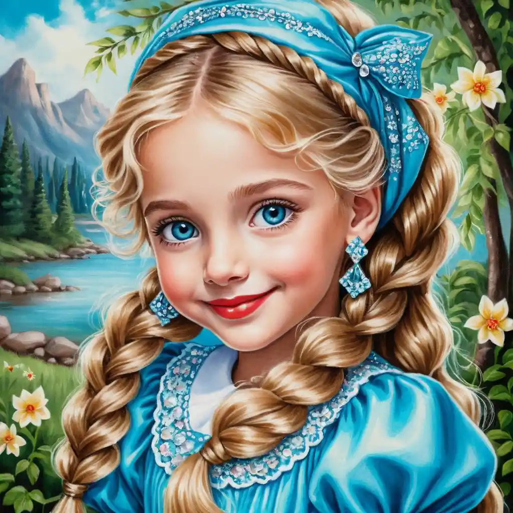 Smiling blonde girl in cyan dress with fishtail braid