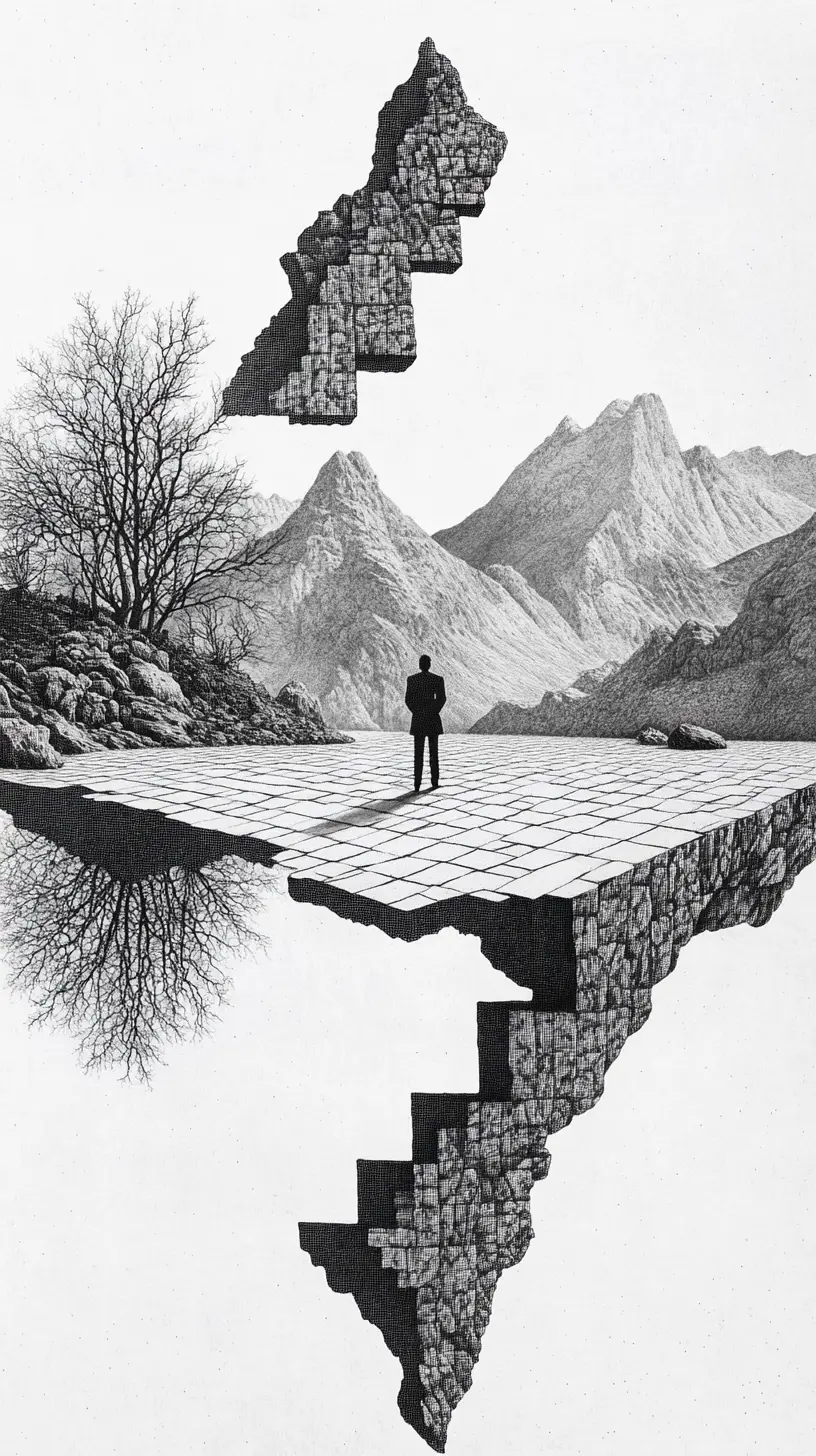 Surreal glass female figure as a lake in sparse mountains