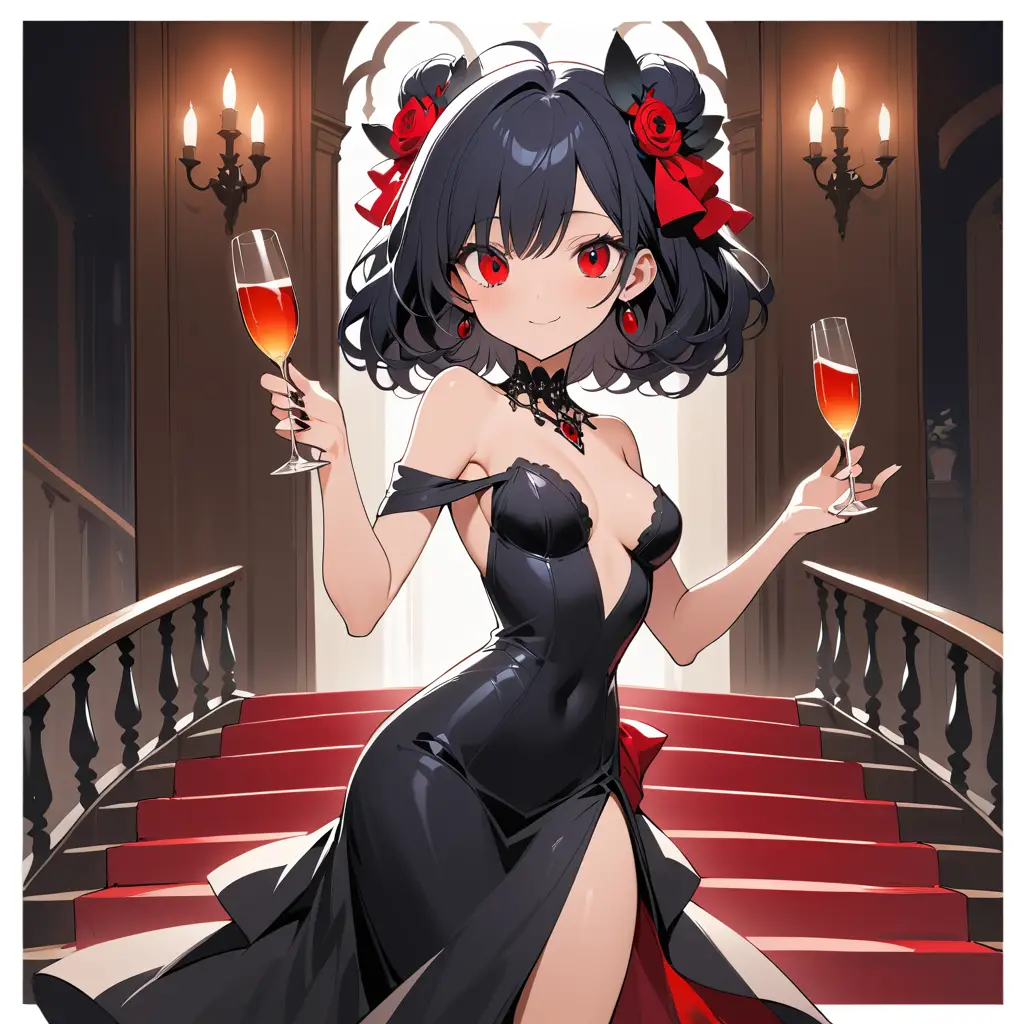 Elegant woman in black evening dress sipping champagne