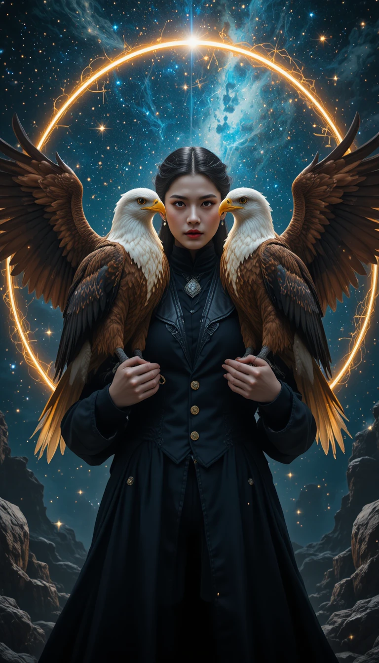 Young man with glowing eagles in a cosmic halo scene