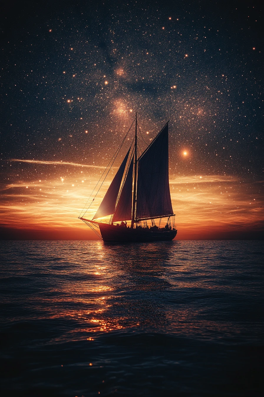 Sailboat crossing from dusk into a tranquil rising sunrise