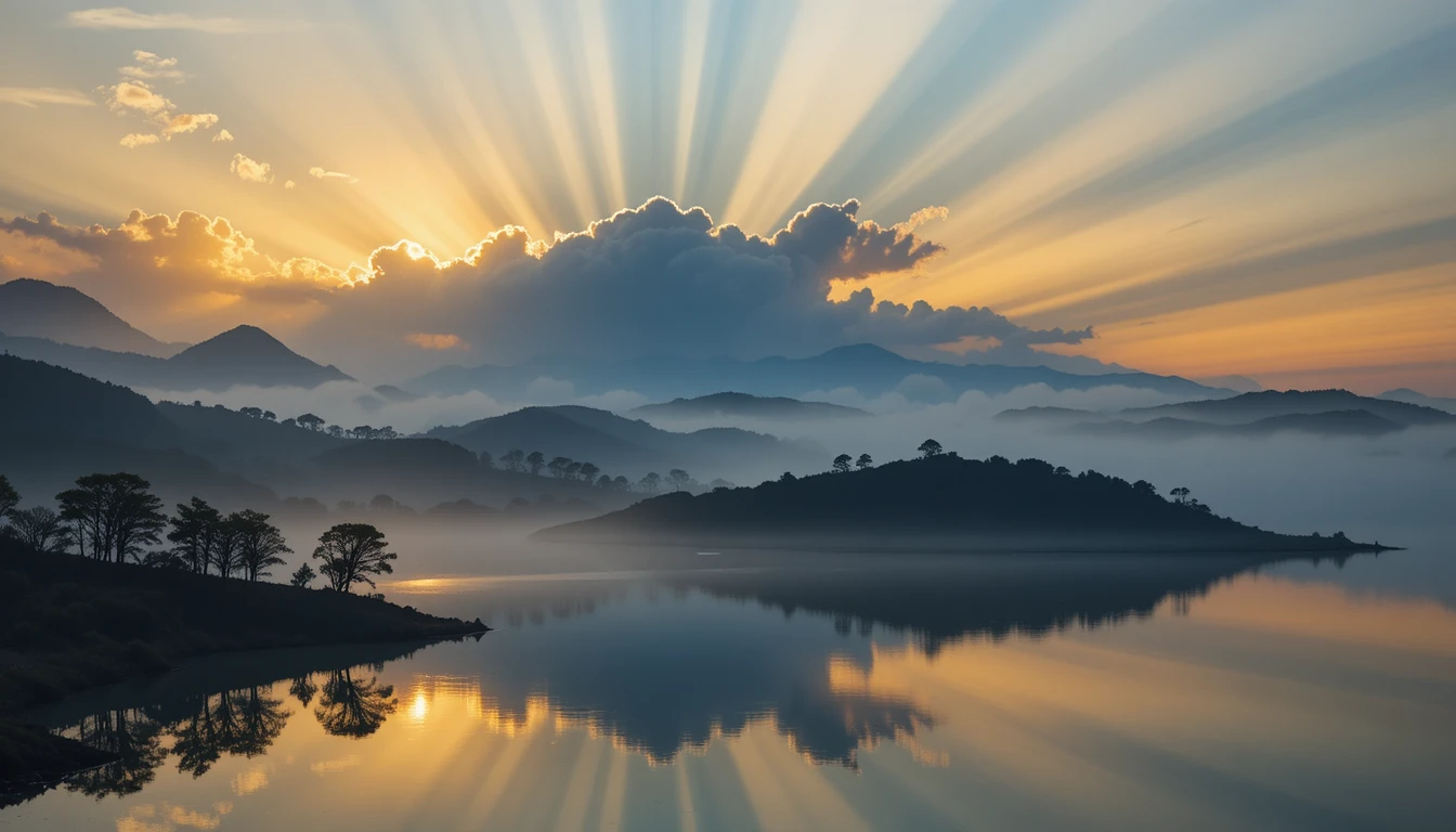 Golden sunrise over misty hills and reflective lake