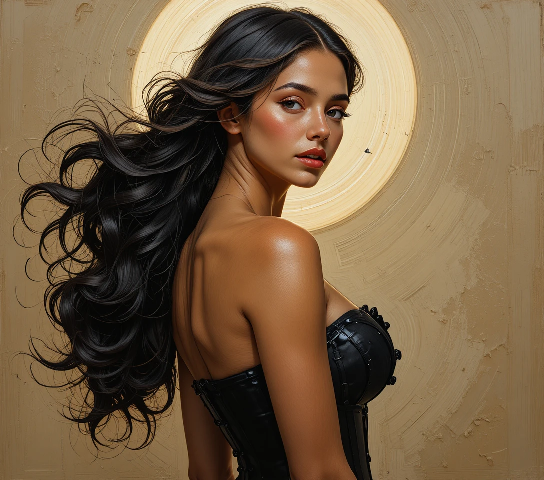 Confident young latina woman in black corset portrait