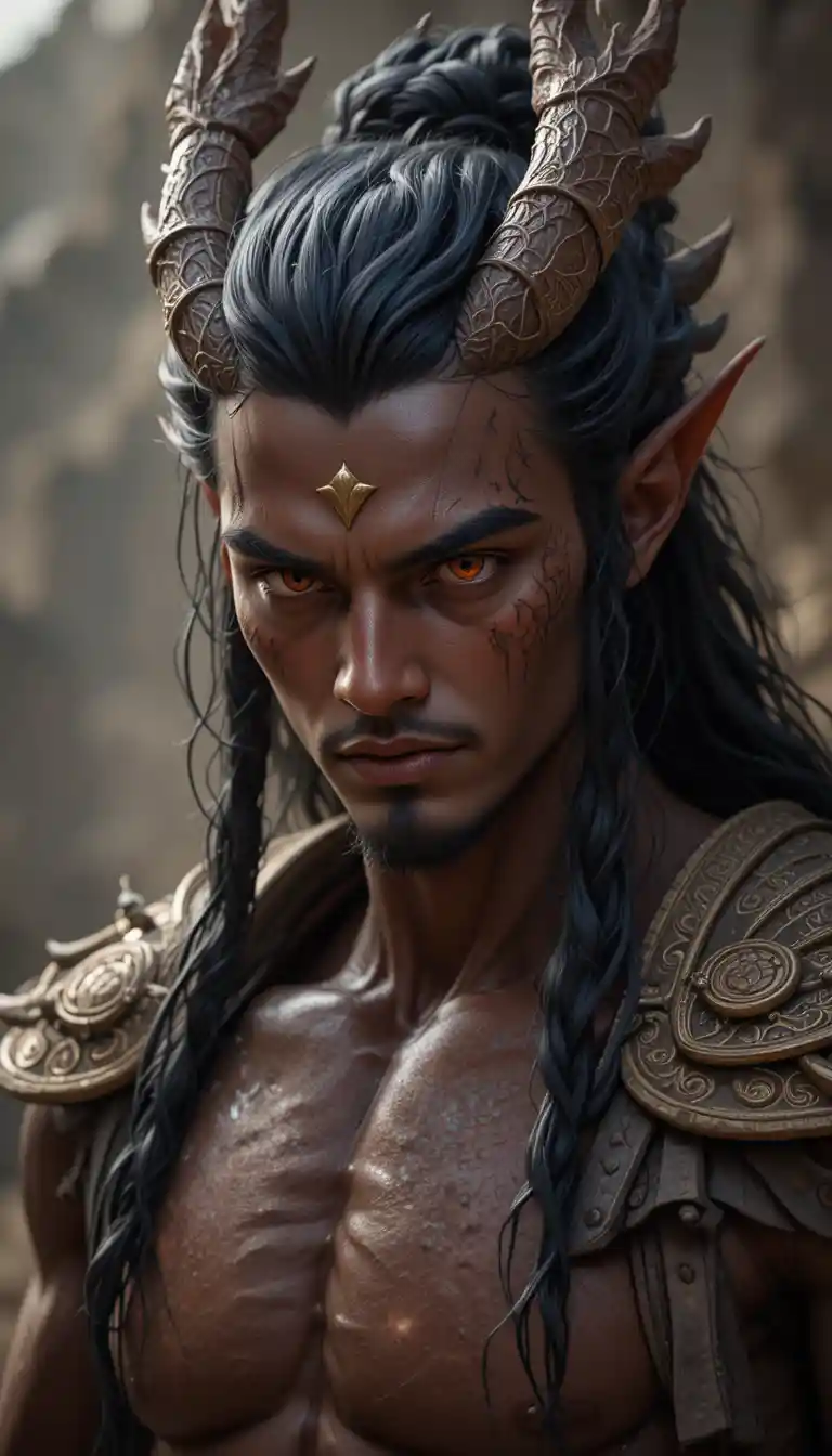Fantasy dragon man with dark skin and red eyes