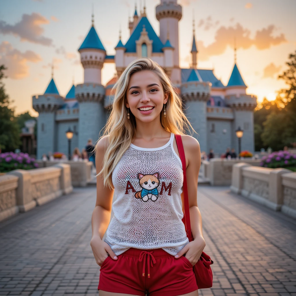 Playful blonde woman at fairytale castle during golden hour