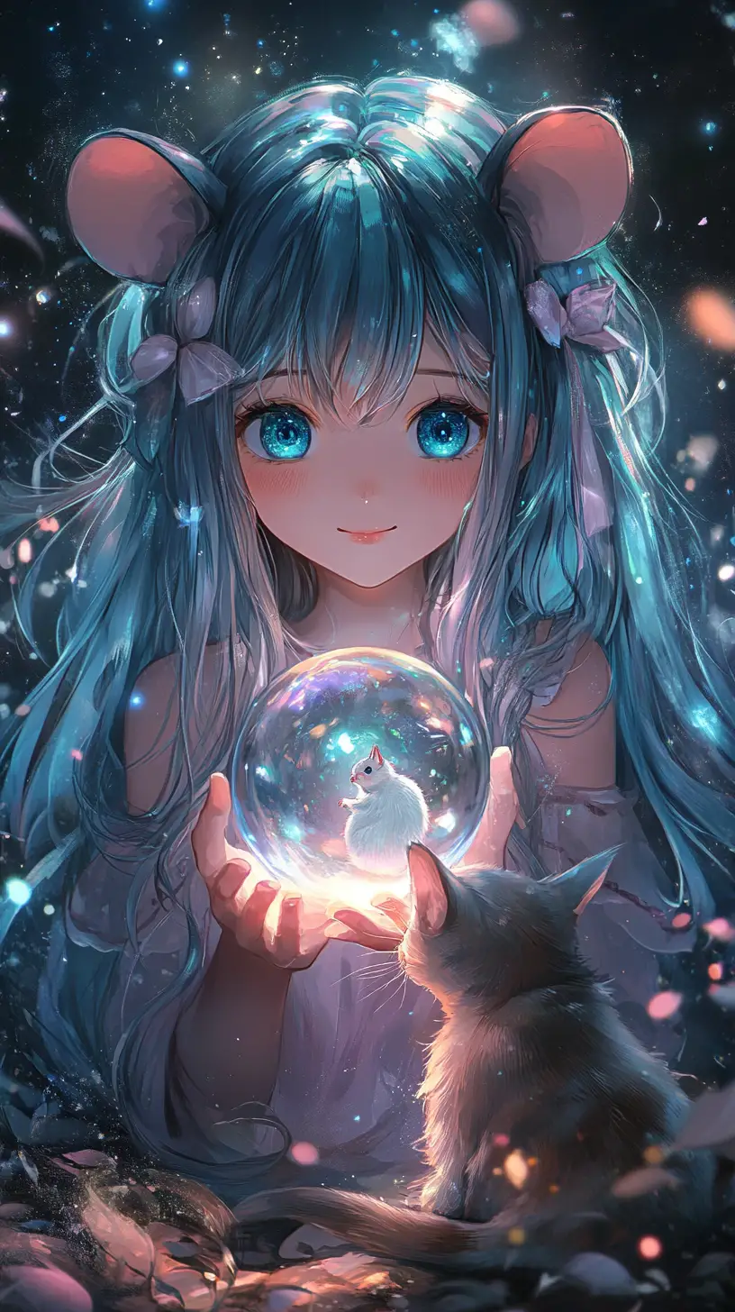 抱著發光鼠型球體的藍髮動漫少女