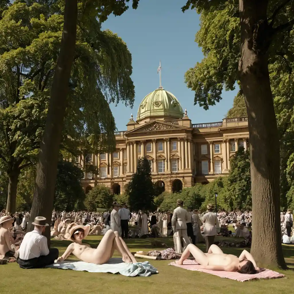 Scena Surreale degli Anni ’20 a Hyde Park con Donna che Prende il Sole
