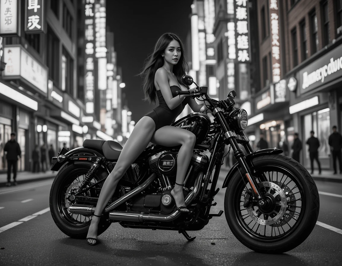 Asian woman on motorcycle in neon lit city street