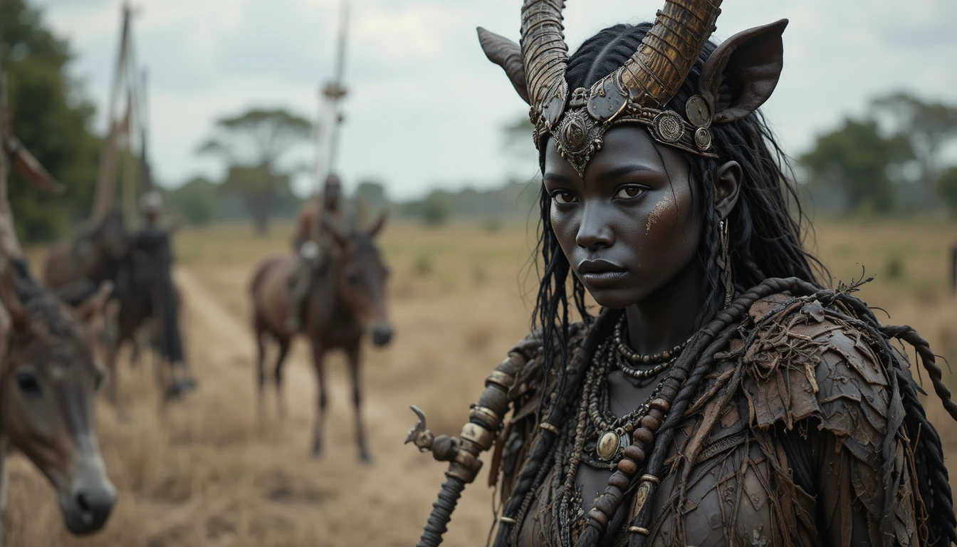 African warrior woman in torn animal skin in the savanna