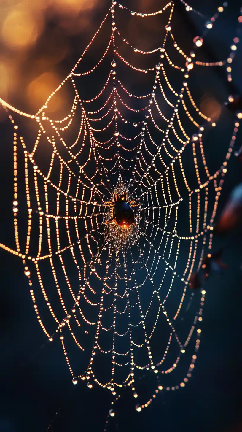 Ilustración mística de telaraña con rocío y hilos brillantes