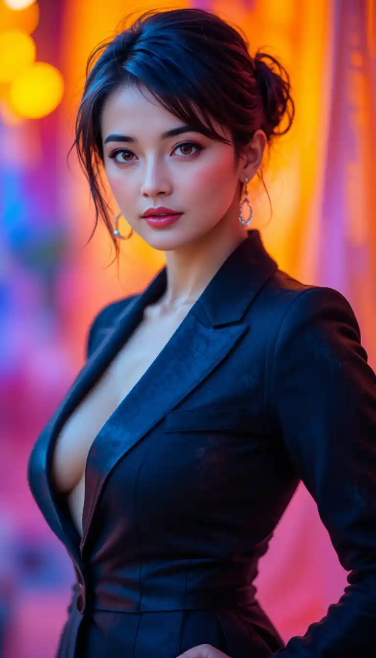 Confident curvy woman in fashion portrait with vibrant colors