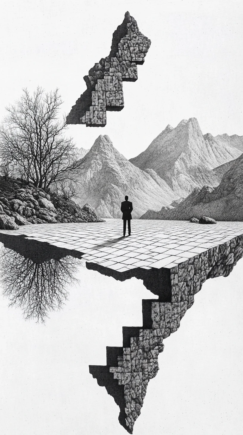 Surreal glass female figure as a lake in sparse mountains