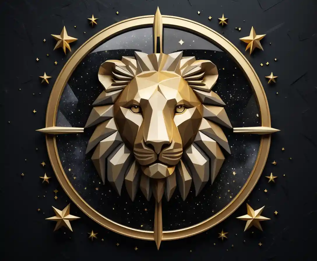 Emblema dorato del segno del leone su sfondo stellato geometrico astratto