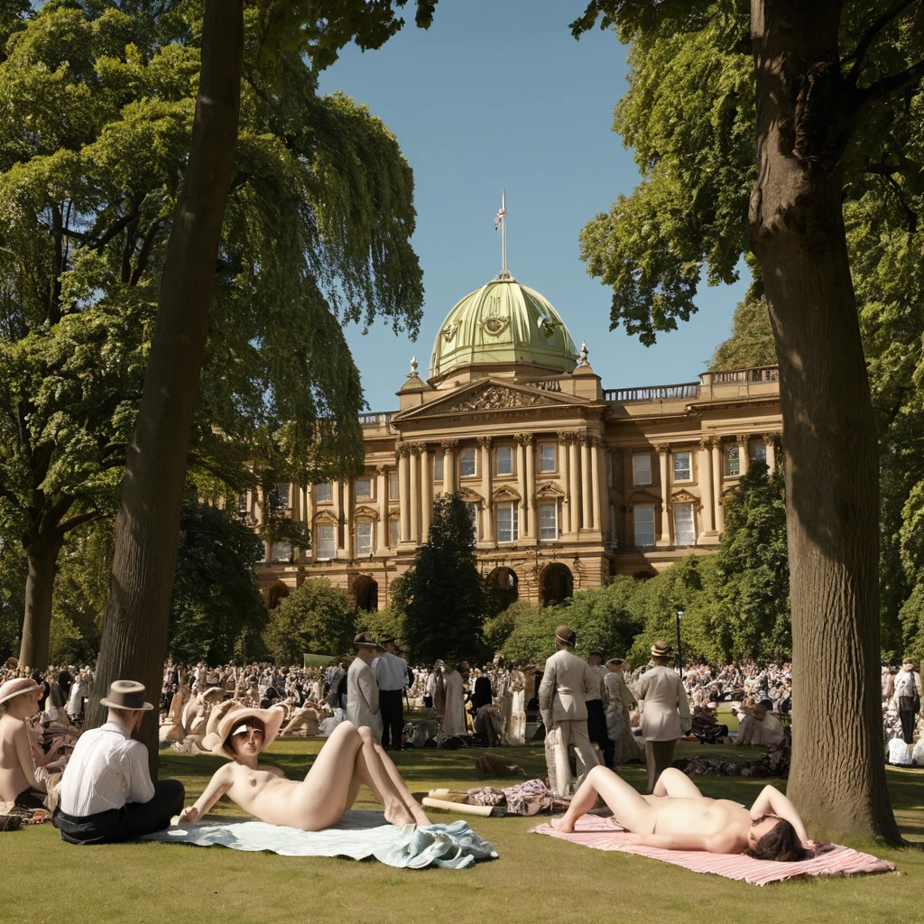 Surreal 1920s Hyde Park Scene With Sunbathing Woman