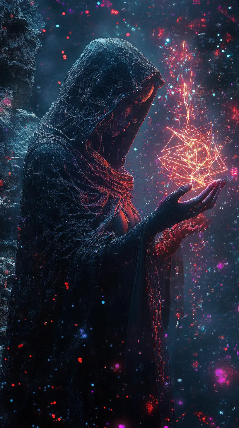 Dark sorceress weaving glowing holographic spell energy