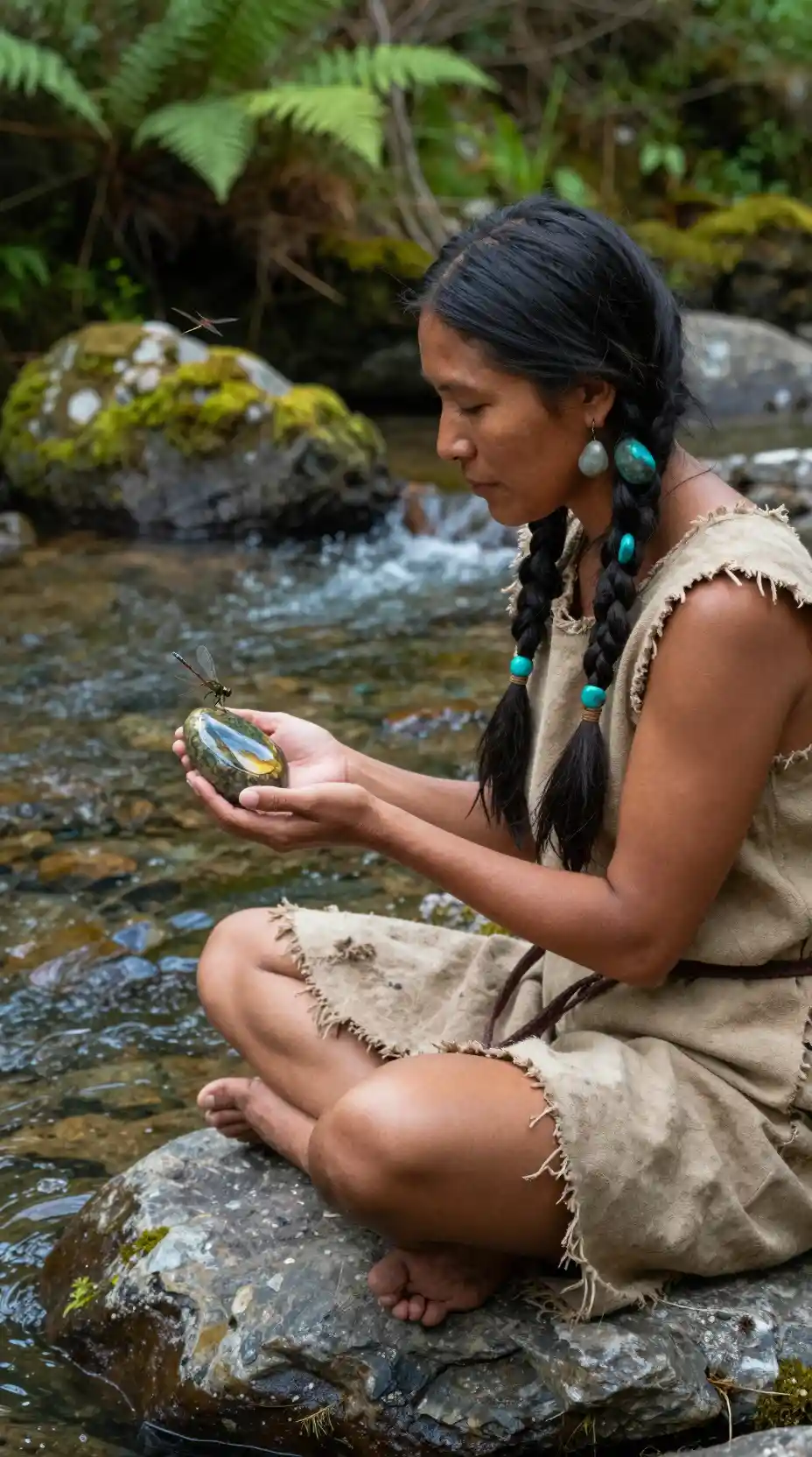 Indigenous woman meditating by a clear forest stream