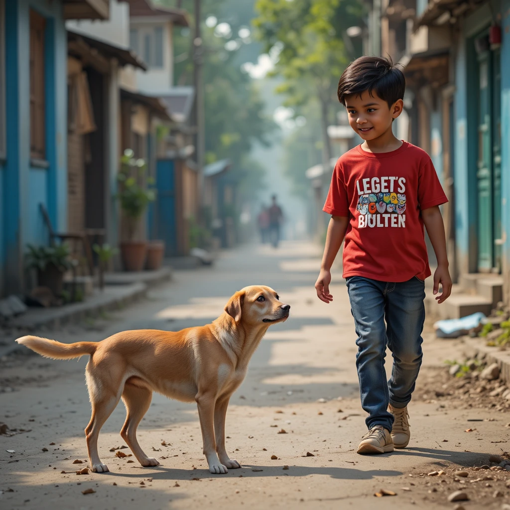 Young boy walking along a city street with a stray dog
