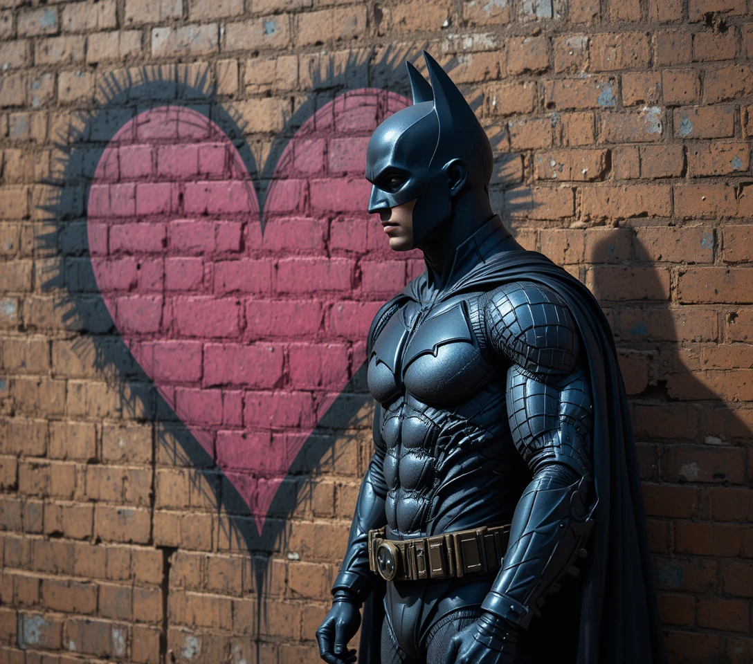 Dark armored hero touching a pink heart on brick wall