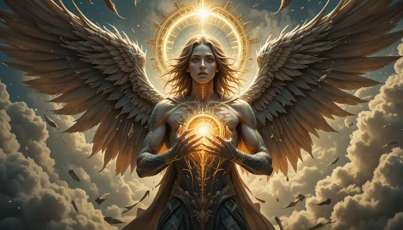 Celestial angel revealing a radiant cosmic core in clouds