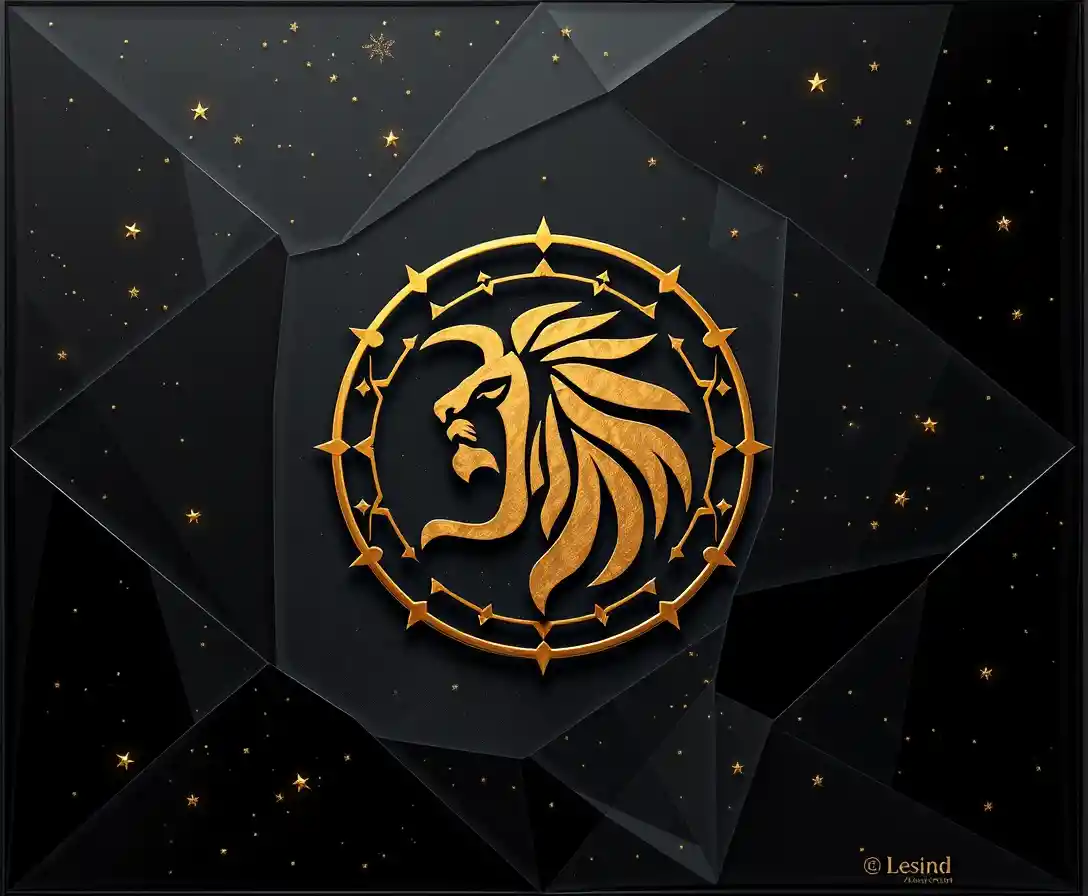 Emblema dorato del segno Leone su cielo notturno geometrico astratto